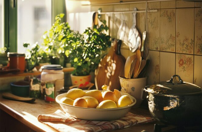 Coupe de citrons et plantes aromatiques sur un plan de travail en bois baigné de lumière